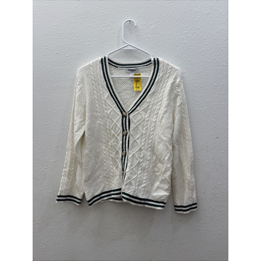 RSQ White And Green Accent Stripes Cable Knit Cardigan Sweater Extra Large